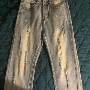 Distressed Jeans with Yellow Paint Splatter